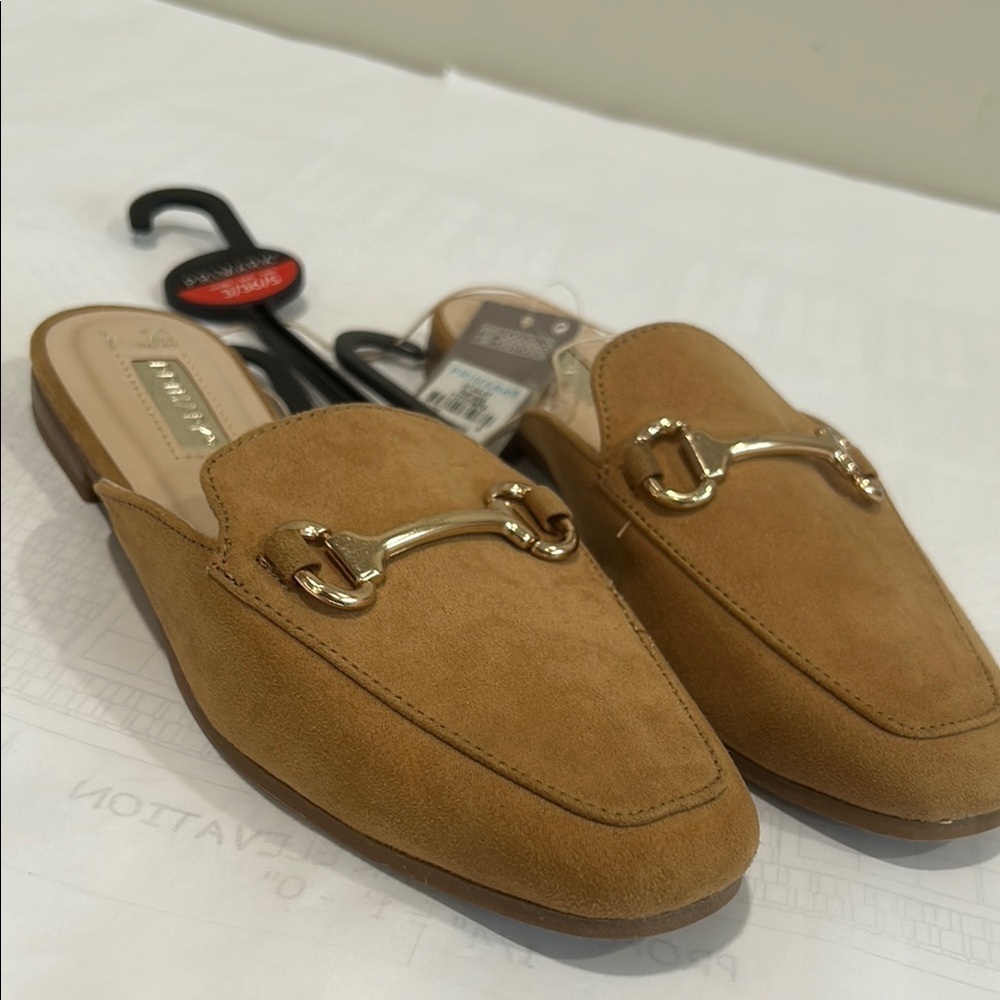 Primark Tan Mules with Gold Accents and Suede Texture